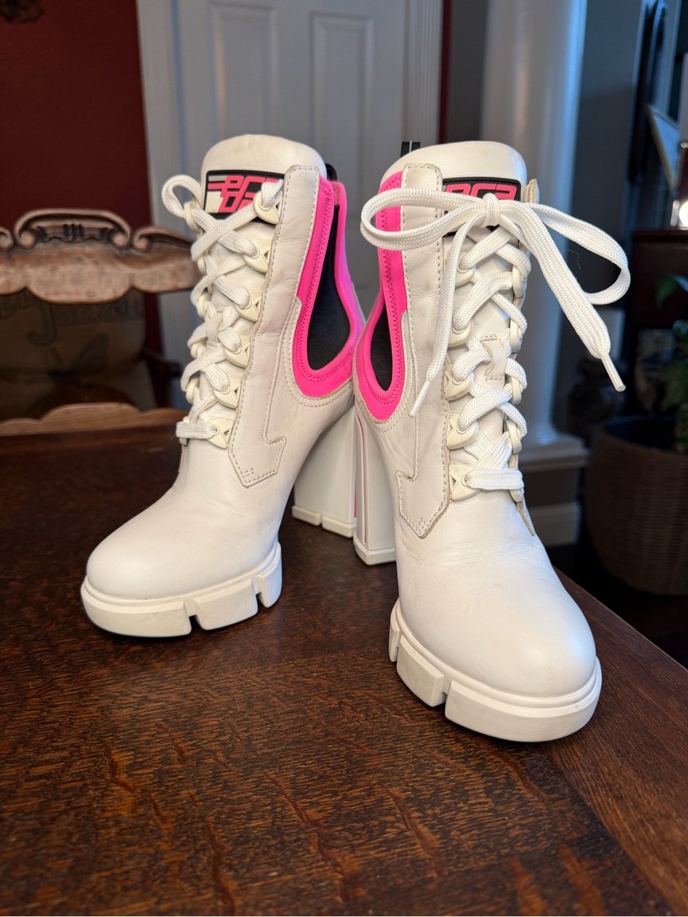 Prada White Leather & Neon Pink Neoprene Chunky Heel Lace Up Boots IT 6.5